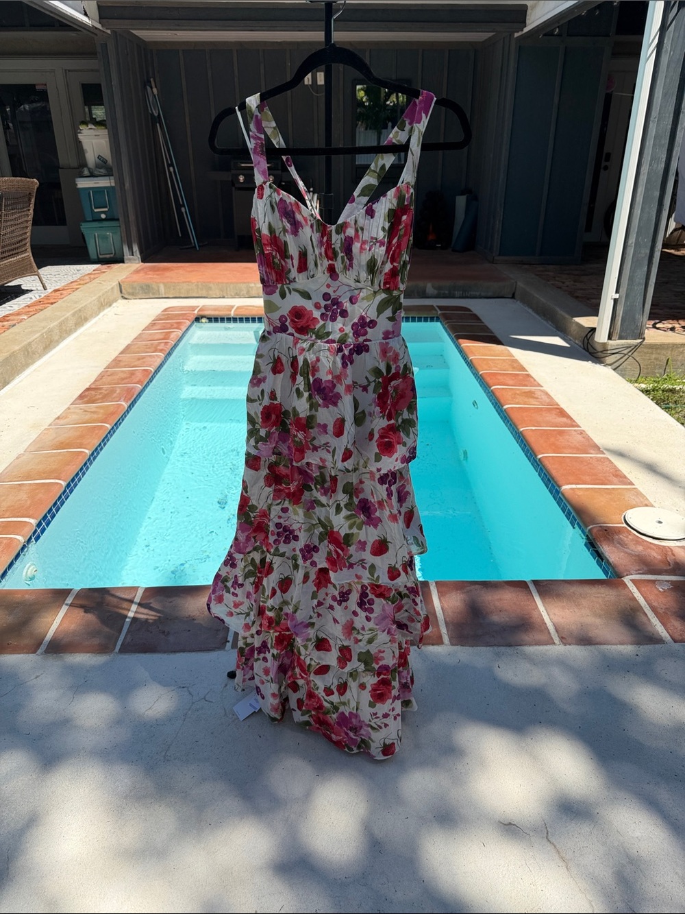 Floral Tiered Abercrombie Maxi Dress - White with Pink & Green Floral Print